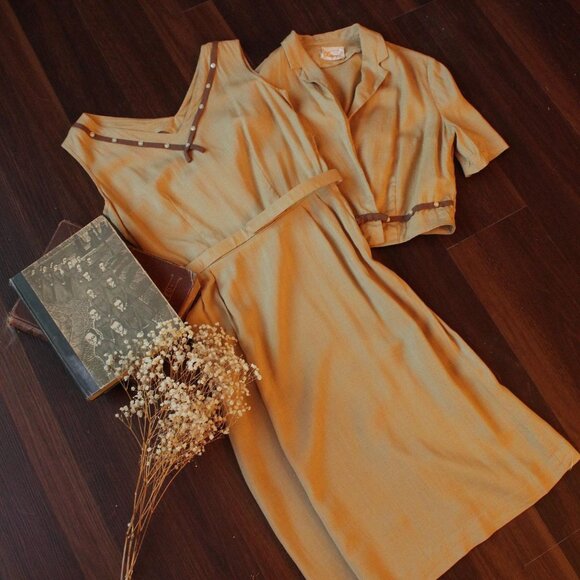 Vintage 1950s Dress With Jacket and Belt, 3 Piece Lampl Gold Linen Sundress - Picture 1 of 10